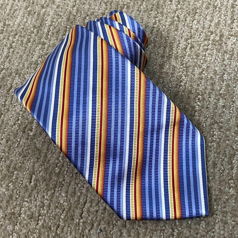 XMI‎ Platinum Nordstrom Silk Tie 3.5" Repp Blue Yellow Red Striped Handmade USA